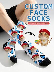 1 Pair Of Custom Socks, Love Leopard Print,Heart Pattern Mid Calf Socks, Personalized Funny Photo Socks, Unisex Valentine Romantic Gift Socks For Men - Multicolor - View 1
