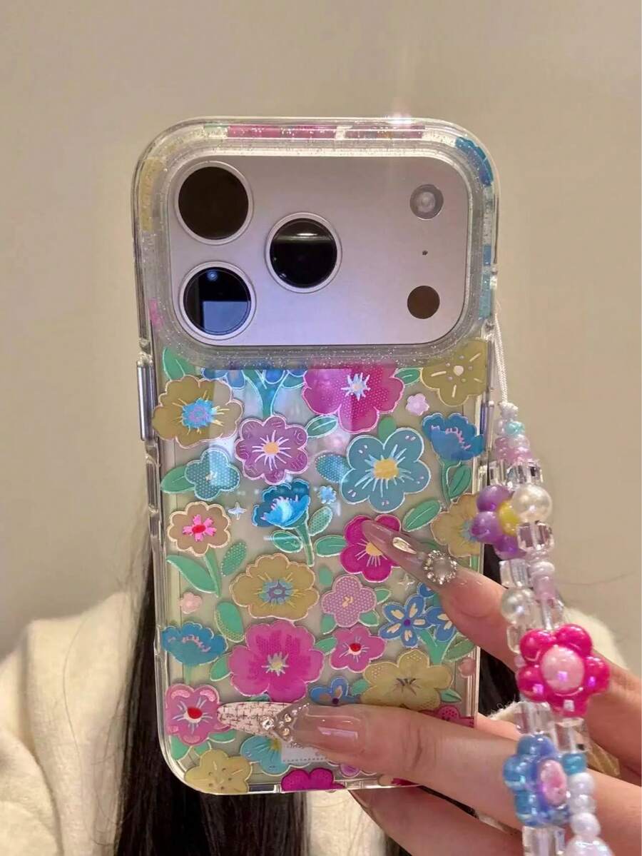 Niche Ins Colorful Floral Glitter English Design Phone Case Compatible With Iphone 17 Pro Max, 16 Pro, 15 Pro Max, Chain Lanyard, Individual Bead Colors May Vary Due To Production Batch Differences - Multicolor - View 1