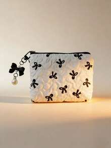 Cute Bow & Heart Pattern Wrist Makeup Bag, Large Capacity Cosmetic Storage Travel Makeup Bag, Elegant Gold Hardware (Black/White/Pink), Perfect Gift - Multicolor - View 10