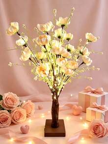 1pc 60CM Poppy Azalea Tree Light, 24 LED Warm White, 3-Section 5 AA Battery Box & USB Dual Power, Artificial Flower Tree Ambient Light, Girly Bedroom Desk Wedding Valentine's Day Proposal Party Homestay Live Stream Background Decor Ornament - Yellow - View 4