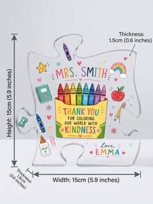 1pc Customized Teacher Name Puzzle Shaped Acrylic Plaque, Personalized Teacher Appreciation Keepsake, Cute Crayon And School Supplies Design, Transparent Acrylic Decor, Teacher's Day, End Of School Year And Back To School Season Teacher Educator Gift - Multicolor - View 3