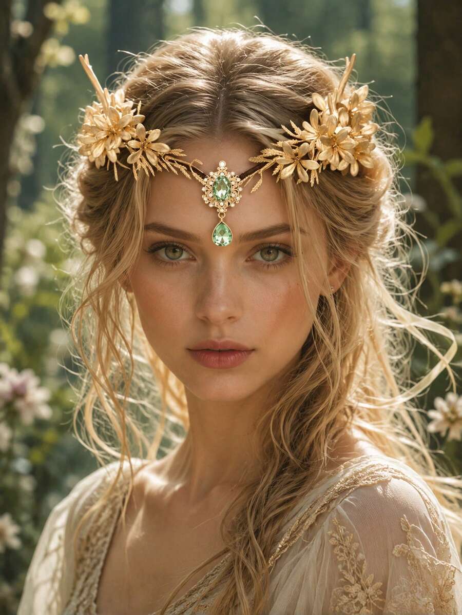 KOVLYNE 1pc Vintage Gold Floral Bridal Headband, Greek Goddess Leaf Crown With Green Crystal Pendant, Adjustable Hair Accessory, Suitable For Weddings, Festivals And Renaissance Costumes - Gold - View 1