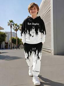Boys' Spring/Autumn 2-Piece Set, Gradient Splatter English Print Hooded Sweatshirt + Matching Element Jogger Pants, Street Style Casual Outfit - Black and White - View 2