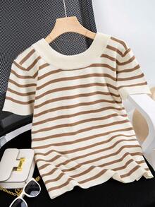 Blusa de punto de manga corta con cuello redondo, a rayas y contraste de color, informal, para talla grande, para verano - Marrón albaricoque - Ver 2