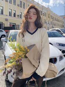 Early Autumn Contrast Color Embroidered Pattern Loose V-Neck Thin Blouse - Apricot - View 5
