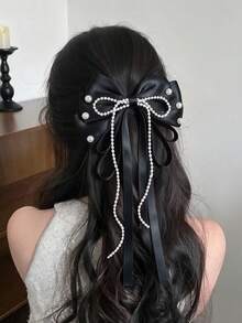 1 pieza Pinza para el cabello con lazo minimalista y femenino, lazo de cinta de satén multicolor con perlas, pinza de resorte para coleta o media coleta - Multicolor - Ver 8