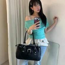 1件復古時尚鉚釘機車包，Y2K辣妹單肩托特包，時尚個性街頭單肩包，高端大容量學生休閒百搭腋下包，極簡通勤斜挎包，適合日常工作、大學、購物、旅行、通勤 - 黑色 - 查看 6