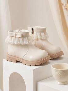 1 Pair 2026 New Girls' Mesh Pearl Ankle Boots, Bow Side Zipper Thick Sole Design, Sweet Fairy Princess Style, Suitable For Autumn/Winter Outings And Skirt Outfits - White - View 6
