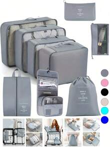 9pcs/Set Travel Luggage Organizer Set - Foldable Packing Cubes, Zipper Closure Storage Bags, Compression Pouches For Clothes, Shoes, Cosmetics, Underwear, Makeup, Accessories - Grey - View 2