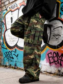 Men's Camouflage Cargo Pants, Loose Wide Leg, Streetwear Style, Relaxed Fit, Tactical Military Style, Multi-Pocket Practical Long Pants - Army Green - View 2