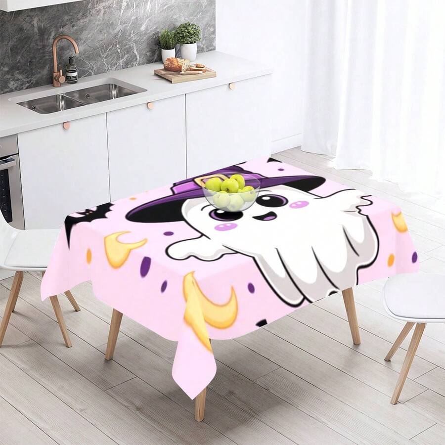 1PC Cute Ghost Print Tablecloth - Waterproof And Stain-Resistant Polyester Table Cover; Modern Minimalist Halloween Decor; Reusable; Suitable For Family Halloween Dinners And Tabletop Decoration. - I - View 1