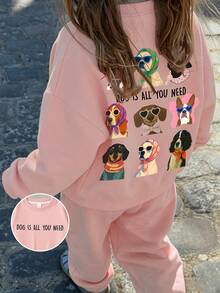 Tween Girls Loose Fit Autumn Sweatshirt, Cute Fashion Puppy & Letter Double-Sided Print, Comfortable Loose Long Sleeve Top, Suitable For School Daily Wear - Pink - View 6