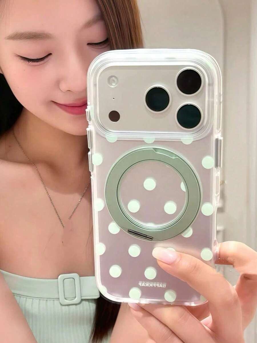 白色波點磁吸 360° 旋轉支架手機殼,適用於 iPhone 17、16 Pro Max、15、14、13,半透明磨砂防摔保護殼,小眾時尚設計 - 彩色 - 查看 1