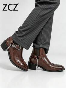 ZCZ Men's Chelsea Boots High-Top Leather Shoes Pointed Toe Fashion Leather Boots Thick Sole Chain Buckle Boots Chelsea Boots - Brown - View 6