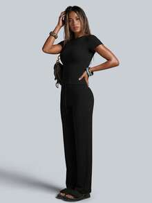 NcmRyu Women's One Set Solid Color Round Neck Short Sleeve Drawstring Straight Leg Pants Sports Set - Black - View 8