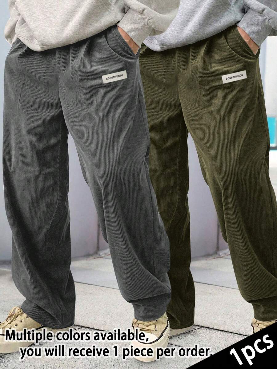 1件青少年男孩寬鬆休閒運動純色百搭燈芯絨直筒長褲 - 軍綠色 - 查看 1