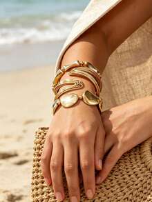 3pcs Women's Gold Stackable Asymmetrical Metal Bracelet Set, Bohemian Beach Vacation Versatile Daily Wear - Multicolor - View 2