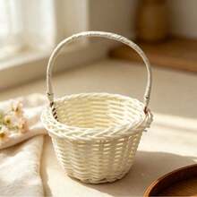 1pc Cute Mini Handmade Woven Rattan Flower Basket With Handle, Decorative Floral Container, Suitable For Fresh/Artificial Flower Arrangement, Wedding Table Centerpiece, Desk Ornament, Birthday Gift Basket, Party Indoor Home Photography Decoration Small Display Basket - Faux Rattan Woven Basket - View 9