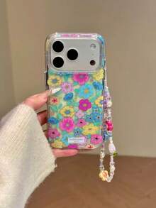Niche Ins Colorful Floral Glitter English Design Phone Case Compatible With Iphone 17 Pro Max, 16 Pro, 15 Pro Max, Chain Lanyard, Individual Bead Colors May Vary Due To Production Batch Differences - Multicolor - View 5