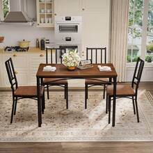 Dining Table Set, Bar Table With 4 Dining Chairs, Kitchen Table With Chairs, Industrial Style Breakfast Table For Kitchen, Living Room, Party Room, Walnut Wood, 110cm*60cm*76.5cm - Walnut - View 5