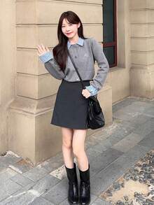 Korean Style Academy Patchwork 2 In 1 Knit Cardigan - Grey - View 2