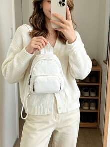 Mini Solid Color Canvas Fabric Fashion Versatile Simple Mini Backpack Shopping Travel Coin Purse Phone Bag - White - View 2