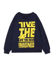 Navy Blue Letter Print Loose Fit American Vintage Style Pullover Hooded Sweatshirt For Women, Casual Lazy Look, Spring And Autumn - Navy Blue - View 4