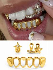 1 Set 4-Point Star & Heart Hollow Bar Zirconia 3 Pieces Set, Personalized Cute Hip-Hop Teeth Grillz Party Funny Gathering Accessories - Multicolor - View 1