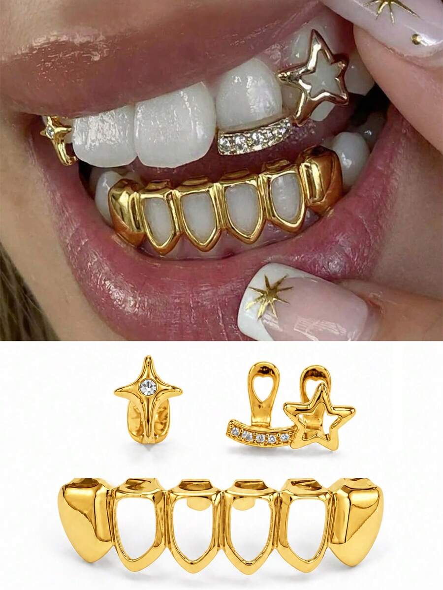 1 Set 4-Point Star & Heart Hollow Bar Zirconia 3 Pieces Set, Personalized Cute Hip-Hop Teeth Grillz Party Funny Gathering Accessories - Multicolor - View 1