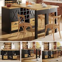 Mesa de cocina extensible, mesa de comedor multifuncional con aparador, superficie de mesa giratoria 360°, mesa de cocina extensible con gran espacio de almacenamiento, mueble de pared para salón, negro - Ver 4
