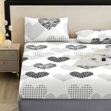 3pcs Plaid Pattern & Heart Element Bed Sheet Set, Fashionable & Romantic, Set Includes [1 Bed Sheet + 2 Pillowcases] No Pillow Inserts, 100% Polyester/Pillowcase Color Random New Modern Style - Deep Pocket/Tight Fit/King/Queen/48H No Slipping/Suitable For Various Holidays And Daily Use | Double/Full Size/Easy To Use/High-End Luxury Classic Design Bedding, Soft Fabric, Skin-Friendly, Comfortable, Suitable For Bedroom, Hotel, Dormitory, - Heart Love - View 5