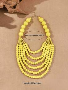European American African Multi-Layer Exaggerated Wooden Bead Necklace - Yellow - View 2