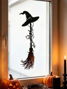 Halloween Waterproof PVC Window Stickers, Vine Witch Hat Magic Broom Silhouette Store Window Glass Removable Decorative Decals - one-size - View 10