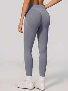 KyrLssu Women High Waist Seamless Ribbed Waistband Leggings, Solid Tummy Control Stretch Yoga Fitness Ankle Pants - Ash Blue - View 5