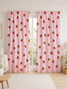 2pcs Strawberry Print Curtains, Rod Pocket Polyester Fabric, Light Pink Cartoon Strawberry Fine Polka Dot All-Over Print, Sweet Cute Girly Style, Machine Washable, Suitable For Bedroom Kitchen Home Window Decoration - Multicolor - View 5