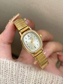 1件金色彈性錶帶女款石英手錶，經典橢圓形，復古優雅，適合派對與聚會 - 金色 - 查看 3