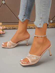 Beige Summer New Woven Breathable Open Toe High Heel Sandals With Bow Knot, Versatile Minimalist Thin Heel Sandals For Women - Beige - View 3