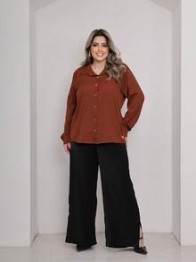 Women's Plus Size Long Sleeve Solid Color Dress Shirt - Rust Brown - View 4