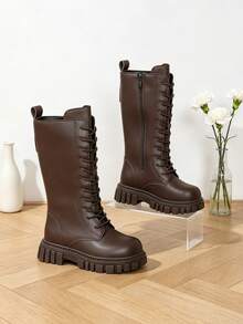2026 New Cute Campus Style Dark Brown Knight Long Boots For Kids, British Style Children's Lace-Up Wear-Resistant Thick Sole Tall Boots, Suitable For Daily School Life, Simple Vintage Versatile Boots For Girls - Brown - View 4