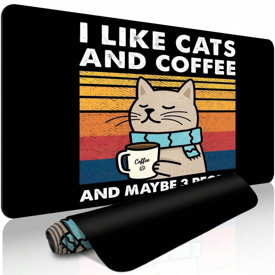 Cute Cat Drinking Coffee Pattern Large Extended Gaming Mouse Pad, Non-Slip Rubber Base, Smooth Glide Surface, Multi-Functional Desk Mat For Computer Office Home Study, Warm Abstract Desktop Decor - A - View 1