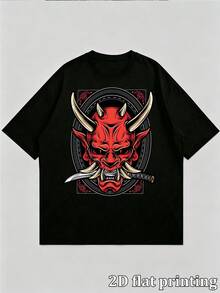 Japanese Red Oni Demon Mask Graphic Print Men's Oversized Short Sleeve T-Shirt, Casual Loose Round Neck Streetwear Tops For Men Daily Casual We - Black - View 4