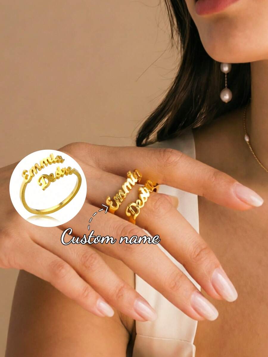 Anillo con nombre personalizado, joyería personalizada, anillo ajustable de acero inoxidable dorado/plateado, regalo de pareja - Anillo de oro modelo 7 - Ver 1