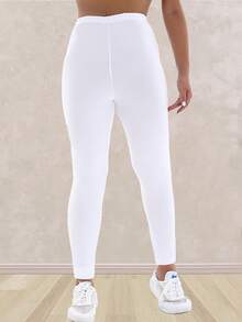 3 pcs Legging Panjang Putih Ukuran Plus, Kain Lembut Elastis Tinggi, Potongan Pendek, Pas Ramping, Tidak Ketat - Putih - View 5
