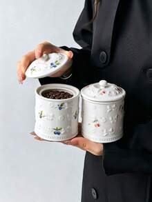 1pc 3D Embossed Bowknot Fruit Ceramic Storage Jar With Lid, Sealed Tea And Sugar Cube Container, Cherry Blueberry Home Kitchen Decor Gift - Multicolor - View 9