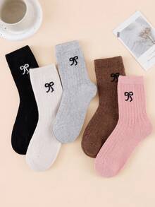 5雙女款秋冬毛絨蝴蝶結中筒襪，簡約甜美百搭款，適合日常與外出穿著 - 彩色 - 查看 5