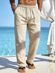 Celana Panjang Pria Musim Semi/Panas Tipis Bernapas Gaya Hip-Hop Linen Kasual Olahraga Celana Pantai Potongan Lurus Gaya Hawaii Warna Polos Desain Minimalis. Saku Samping - Praktis Untuk Membawa Dan Menyimpan - Aprikot - View 7