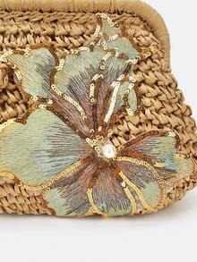 Dedoo 花卉刺繡編織草編手拿包，珍珠裝飾金屬鍊條復古夏季斜挎女包，適合海灘派對度假 - 卡其色 - 查看 7