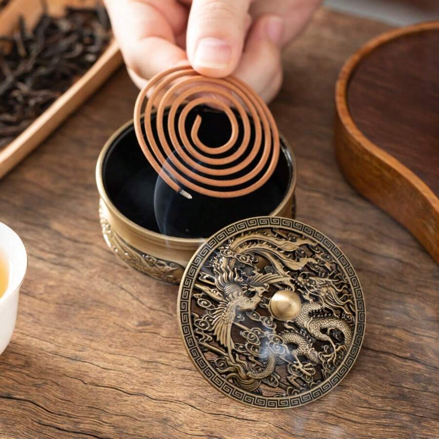 古風青銅三足香爐 - 耐用鋅合金香座,飾有精美中國禪意圖案,適用於居家、寺廟和冥想空間 - 兼容香棒、盤香和粉末香 (無需電池) - 龍鳳香爐 - 查看 1