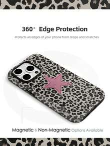 Leopard Print With Pink Star Embroidery Two-In-One Phone Case, PC Hard Shell + TPU Soft Shell, Matte Protective For Daily Use & Gift, Phone, Cover Phone, Matching Phone Cases, Phone Cases, Phone Case, Case Compatible With Iphone 11 12 13 14 15 16 16e 17 Pro ProMax Air Galaxy S26 S25 - Matte Magnetic - View 3