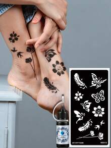 2 Peças (Stencil de Tatuagem + Tinta de Tatuagem) Padrão de Arte de Unhas com Penas Ocas, Borboleta, Floral e Pássaro, Adequado para Mãos, Pintura DIY, Tinta, Stencil Reutilizável de Design de Mehndi - Preto - Visão 1